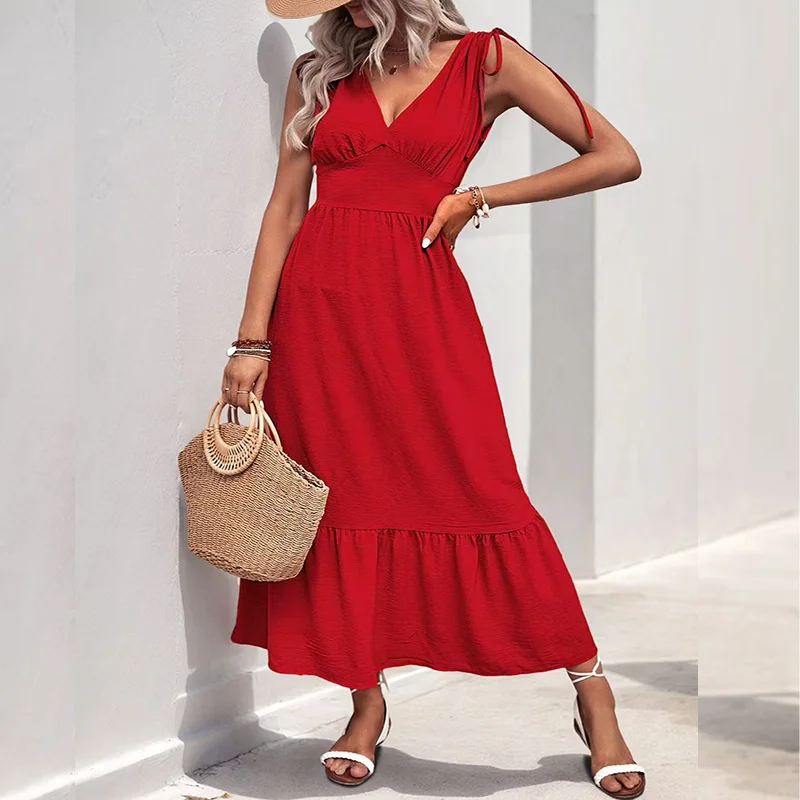 Elegantes Damenkleid mit V-Ausschnitt und Schulterbändern, Neues Sommerkleid, Mehrlagiges Patchwork-Kleid im Urlaubsstil für Arbeit und Freizeit