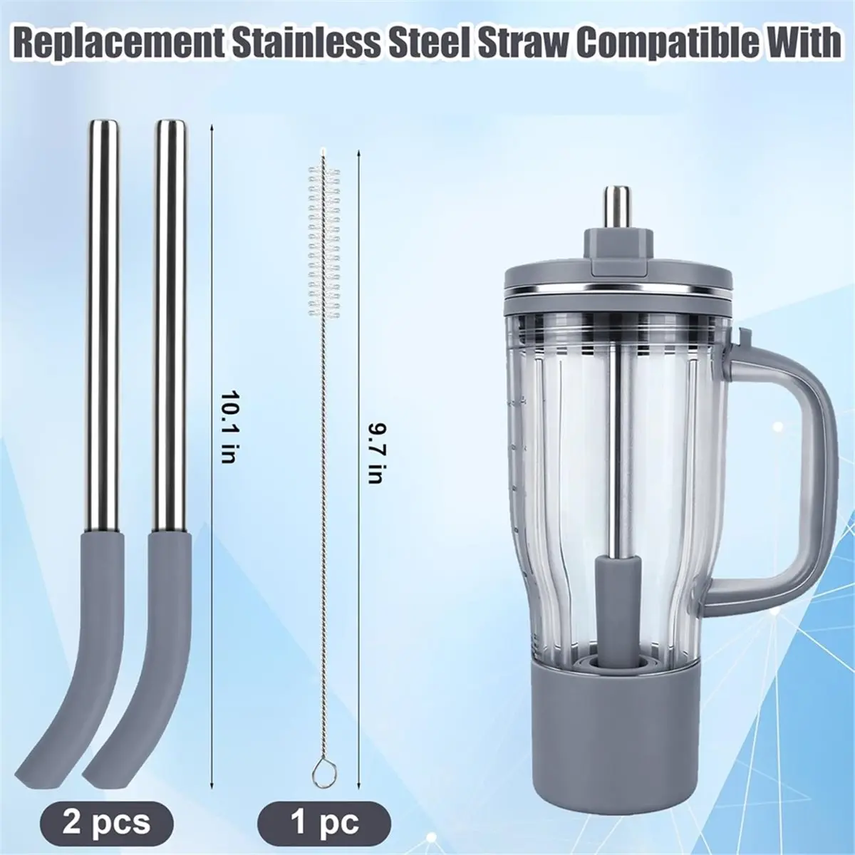 (A02R] 2Pcs Replacement Metal Straws for BlendBOSS, Reusable Stainless Steel Straw with Cleaning Brush Gray