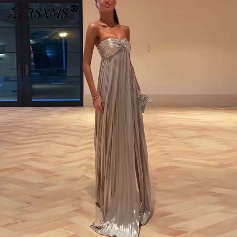 Silver Sexy Gowns Evening Dress Woman Spring Strapless High Waist Pleated Long Dresses Summer New Backless Side Split Maxi Dress