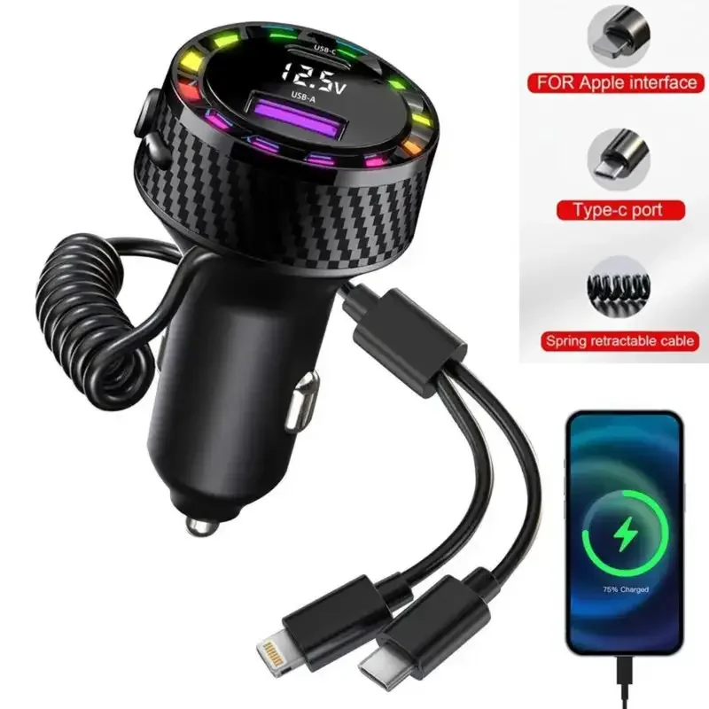 

60W 2 Ports Car Phone Charger Cigarette Power Adapter Colorful RGB Light with Apple Type-C Port Charging Cable for IPhone Huawei