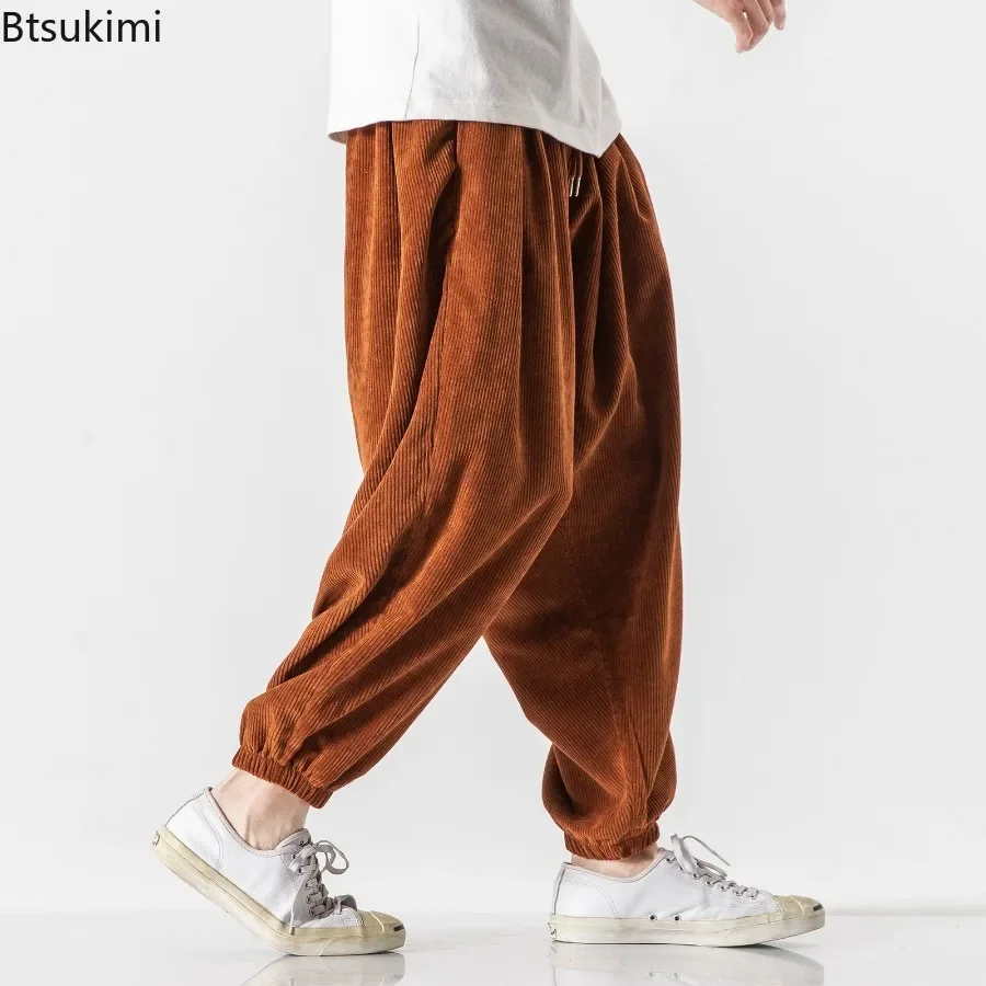 2025 Men's Loose Casual Cargo Pants Oversized Drawstring Pockets Sports Trousers Men Thick Wide Leg Corduroy Pants Joggers Pants