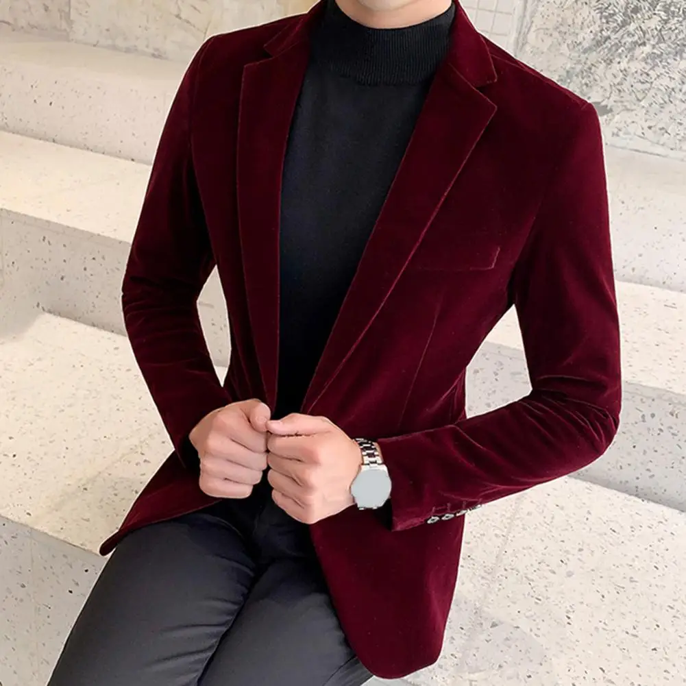 

2026 Men Golden Velvet Suit Blazer Turndown Collar Long Sleeve Slim Fit Velvet Business Blazers Grooms Wedding Dress Suit Jacket