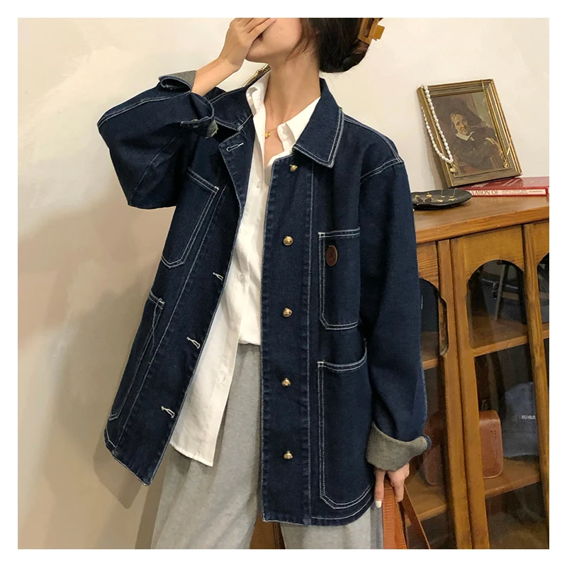 Dark Blue Denim Jacket Women Spring Autumn Lapel Loose Single-breasted Coat Korean Style Casual Outerwear Tops