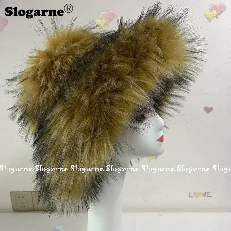 

Winter Warm Fur Bucket Hats Women Outdoor Caps Soft Faux Raccoon Dog Fur Hat Fluffy Earwarmer Ski Vacation Hats 2023 Furry Caps