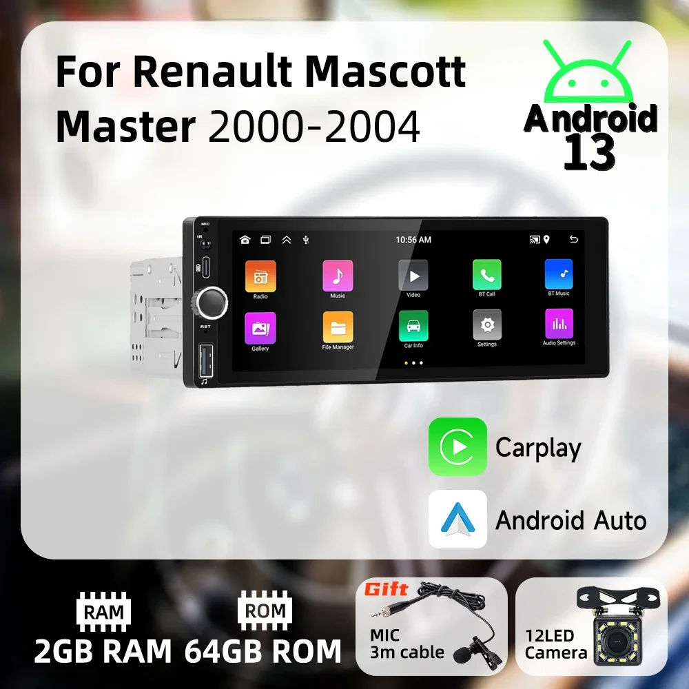 Carplay Android Auto 1 Din Radio Android for Renault Mascott Master 2000-2004 6.86