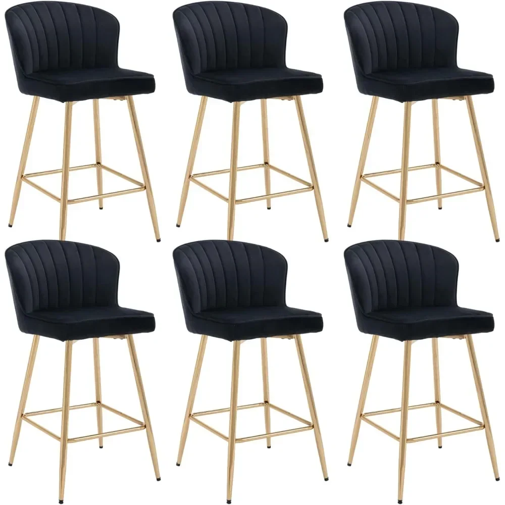 Taburetes de terciopelo para mostrador, juego de 6 taburetes de bar modernos de mediados de siglo con patas doradas, sillas tapizadas en altura para mostrador, color negro, 26 Inc