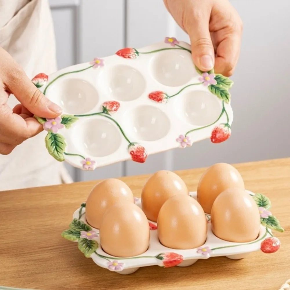 

6 Slot Ceramic Egg Holder Stackable Decorative Egg Storage Box Painted Strawberry Egg Container Kitchen Seasoning Dish