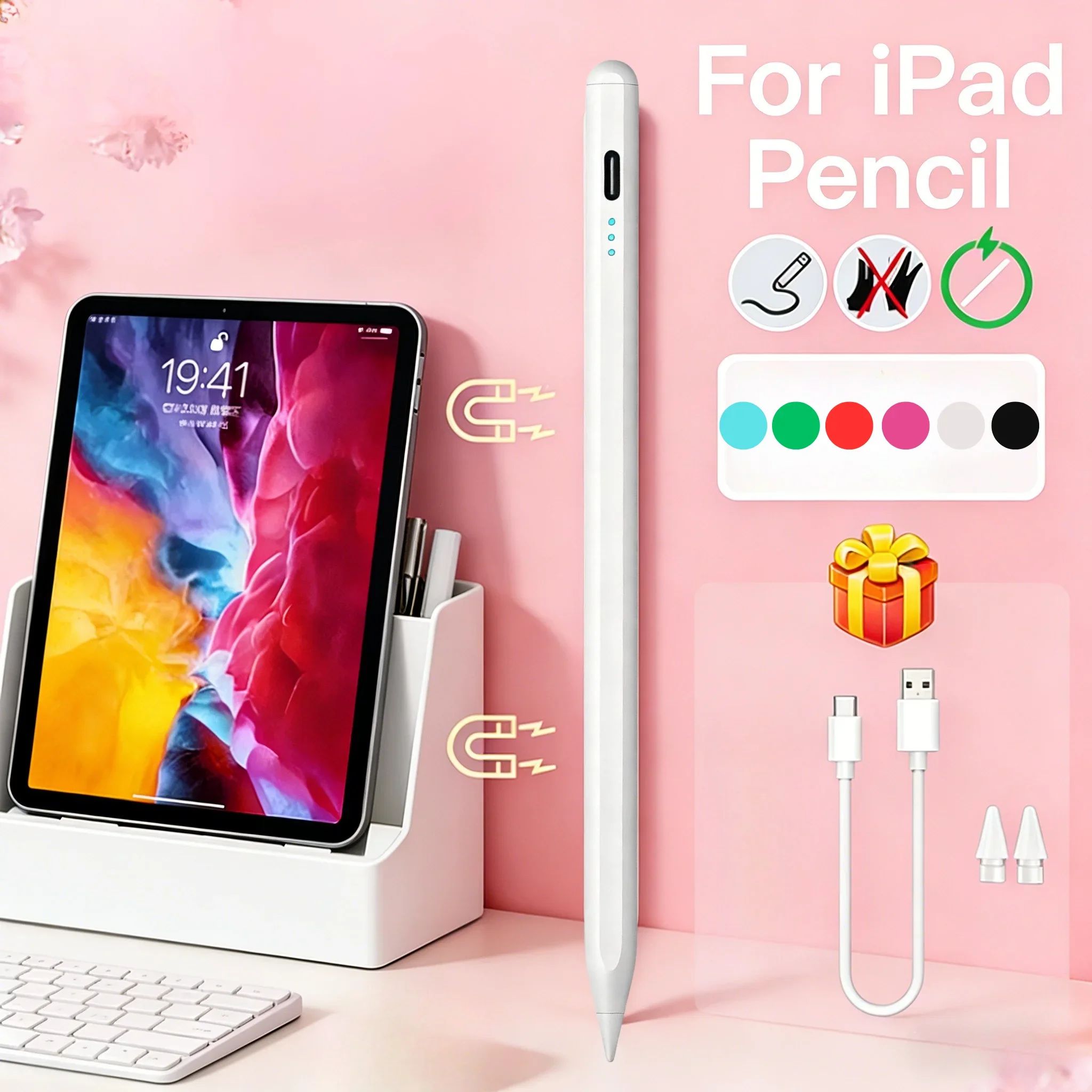 

Стилус для iPad с функцией распознавания ладони и индикатором заряда, совместимый с Apple Pencil, для iPad Pro, Air, Mini 2022, 2021, 2020, 2019, 2018 годов выпуска