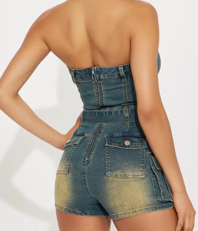 

Jumpsuit Women 2026 Spring Summer New Bandeau Sleeveless Pocket Design High Waist Streetwear Casual Zipper Back Romper with Belt