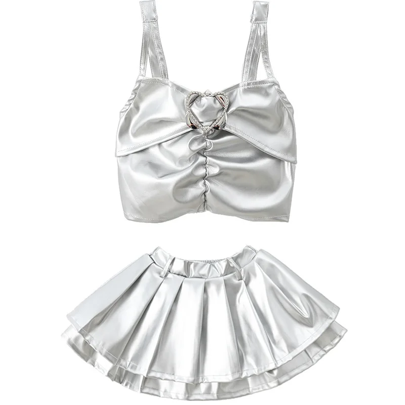 Kid Cool Silver Hip Hop Clothing Sequin Crop Camisole Tank Cardigan Top Pleated Mini Skirt for Girls Jazz Dance Costumes Clothes