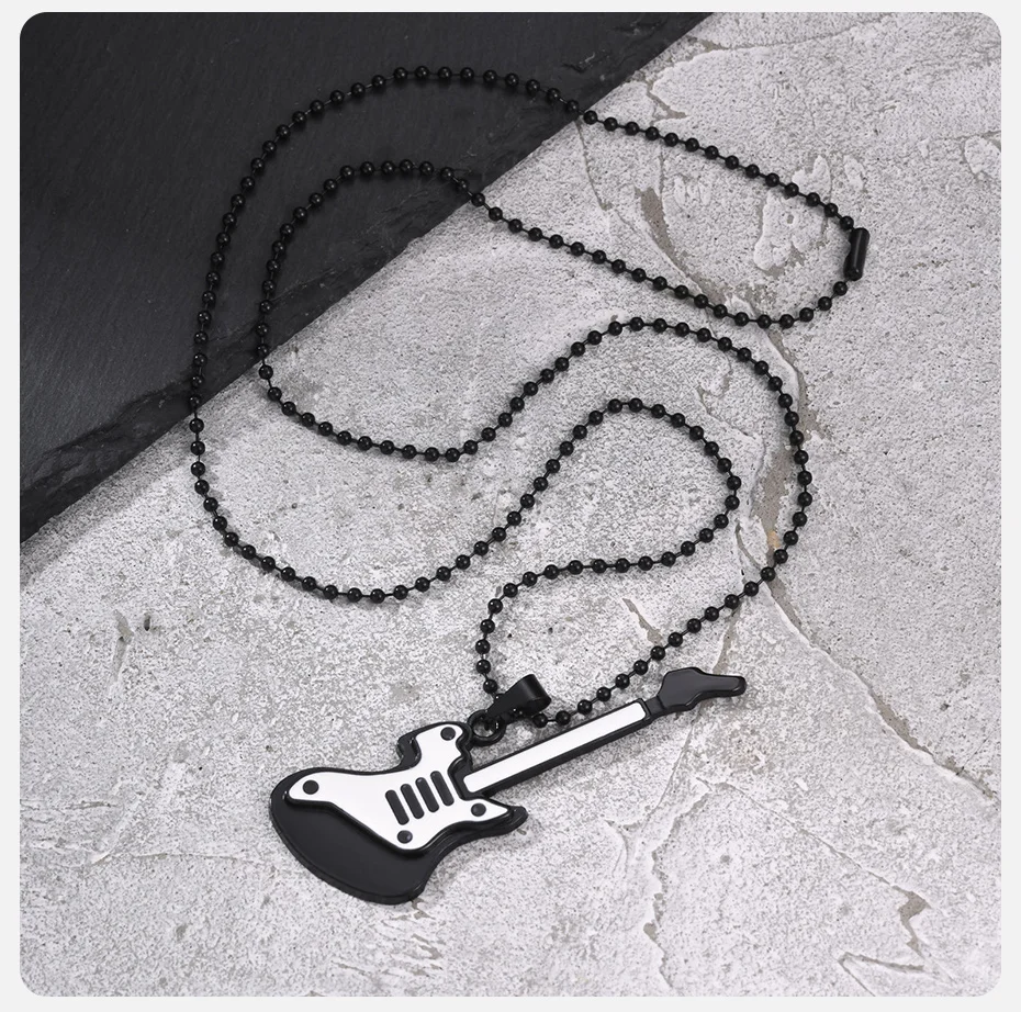 Vnox Herren Gitarren-Anhänger Halskette, Perlenkette Schwarz-Weiß Emaillierter E-Gitarren-Anhänger Halsketten Rock-Musik-Schmuck Party-Geschenk – Detail 6