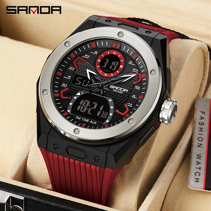 

SANDA 3138 Men Sports Dual Time Digital Watches Rubber Analog Quartz Watch 50m Waterproof Chronograph Wristwatches Reloj Hombre