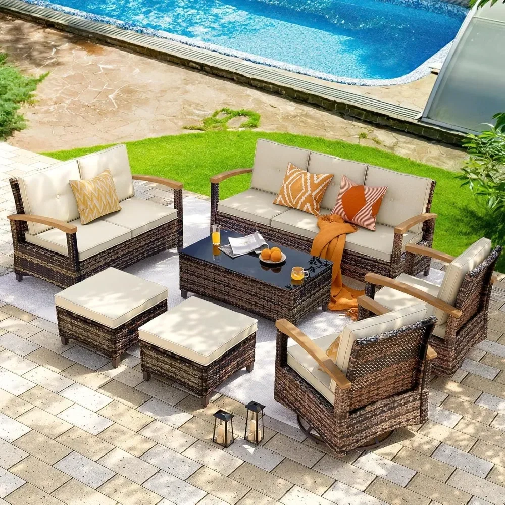 

6 pieces Patio Furniture Sets,Outdoor Rattan Furniture Conversation Sets with 2Wood Armrests Swivel Rocker Chairs,7 pieces Sofas