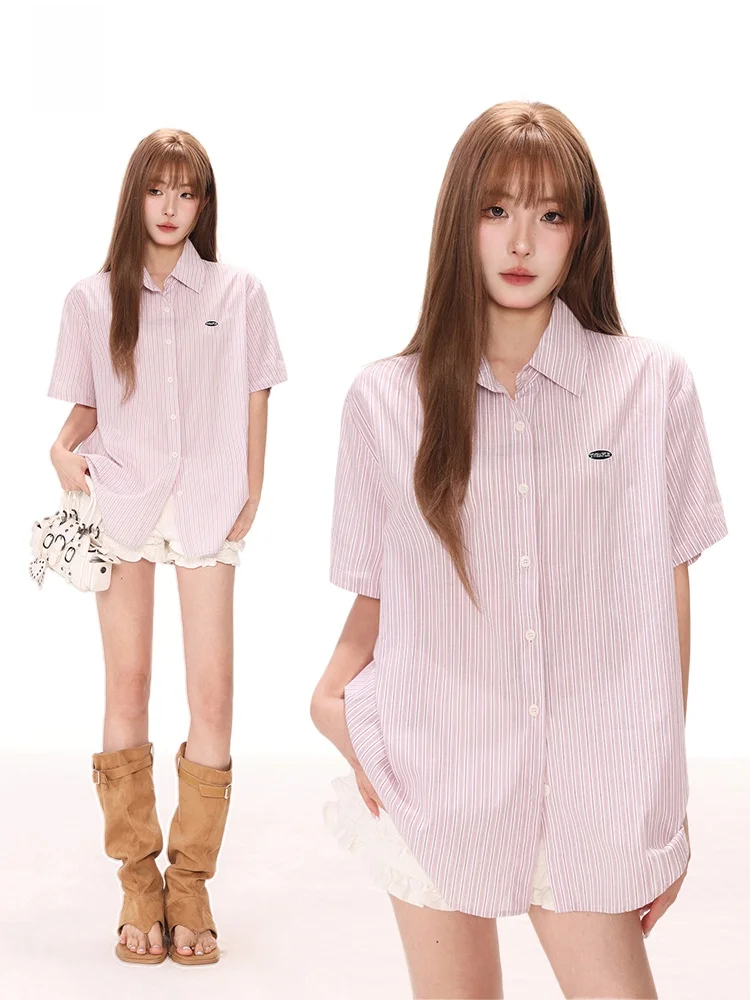 

Pink Striped Short Sleeve Loose Shirt Jacket Women's Casual Half Sleeve Blouse Spring Summer Small Size American Style C...