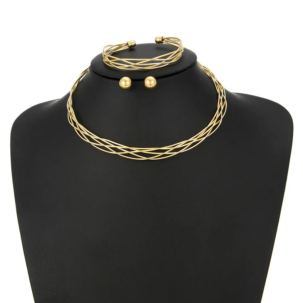 

Simple metal collar bracelet stud earrings three-piece set ins versatile jewelry choker