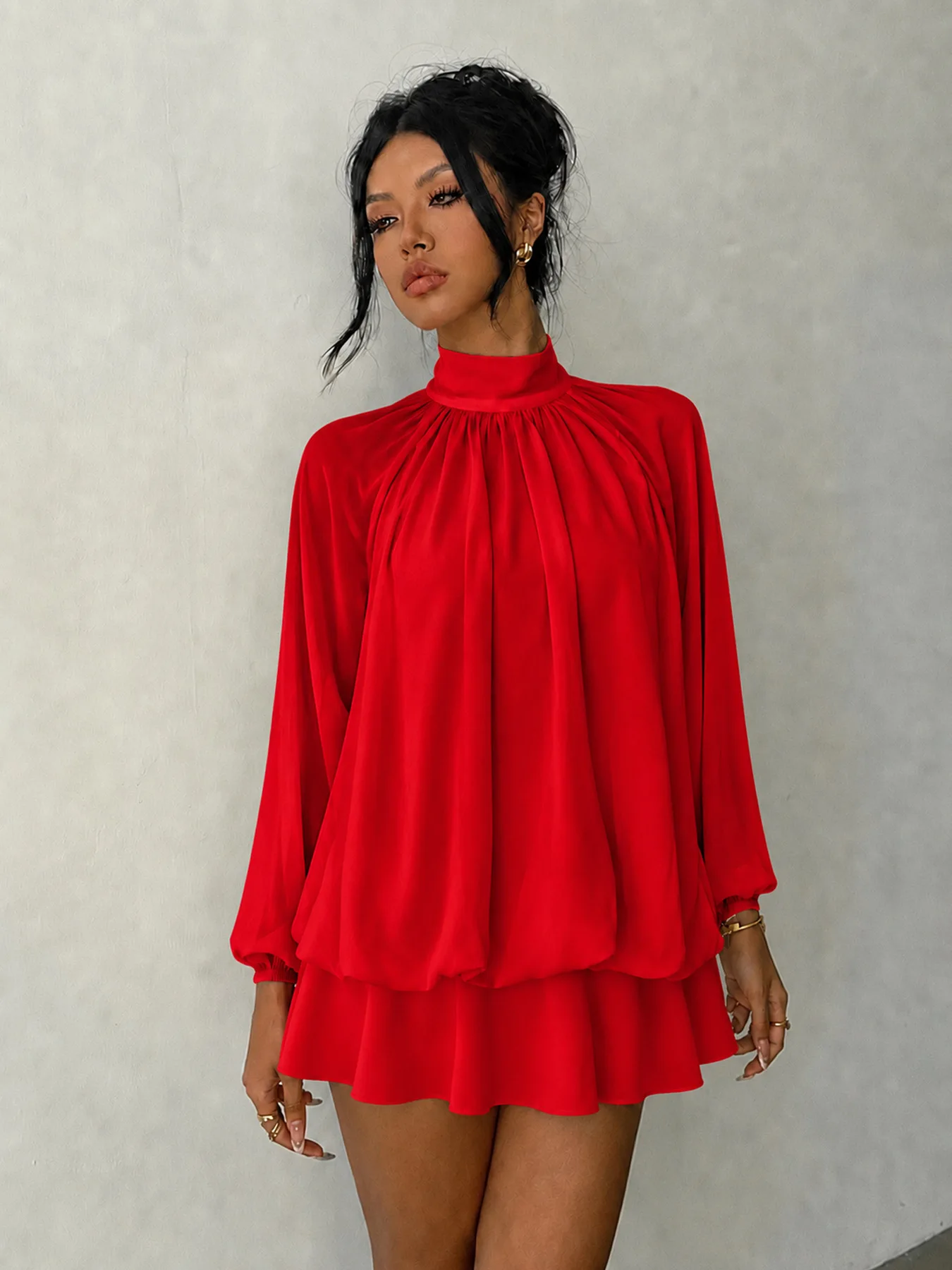 2026 Damen Hochgeschlossenes Plissiertes Chiffon-Kleid mit Langen Ärmeln und Rüschensaum Mini Elegantes Swing-Kleid für Büro, Party, Hochzeitsgast und Urlaub Trendig – Detail 14