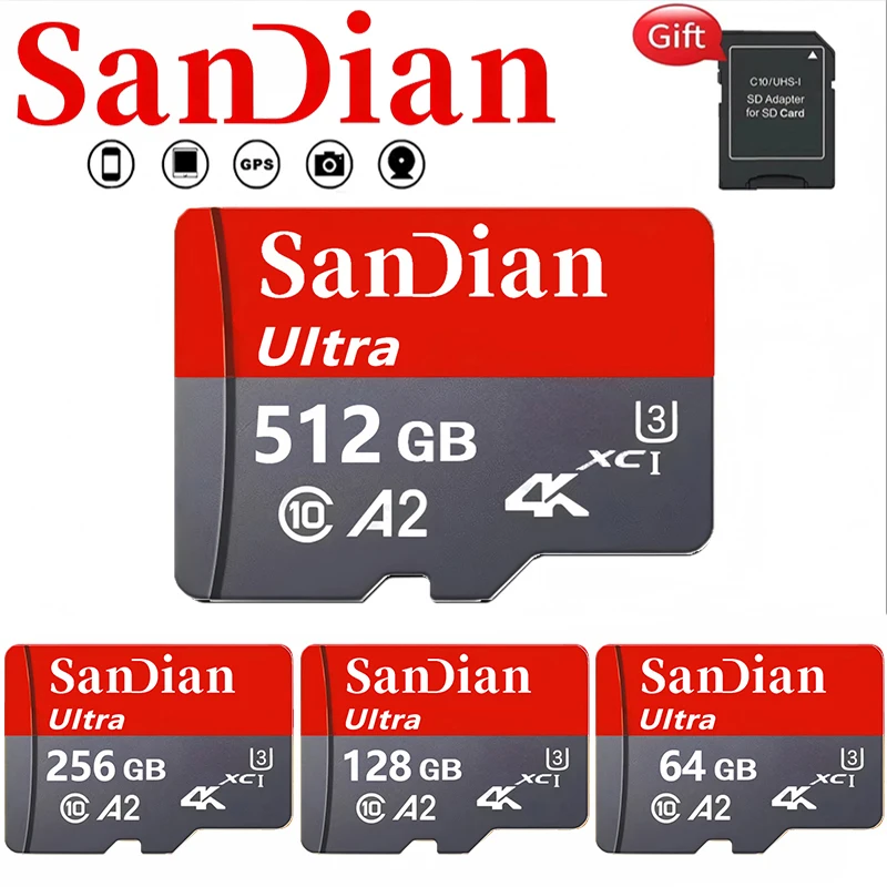 Stable Micro TF SD Card 512GB Memory Card 256GB SD Cards 32GB TF Cards V30 C10 for GoPro/GPS/Digital Frame/PC Mac/MP3 Player