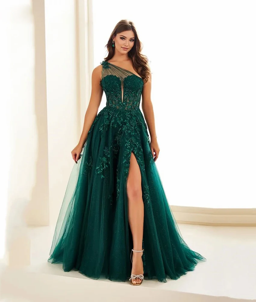 

Lzhk Customized Graceful Tulle A-Line One Shoulder Lace Sequined Tiered 3D Flowers Evening Dress Delicate Sleeveless Party Gowns