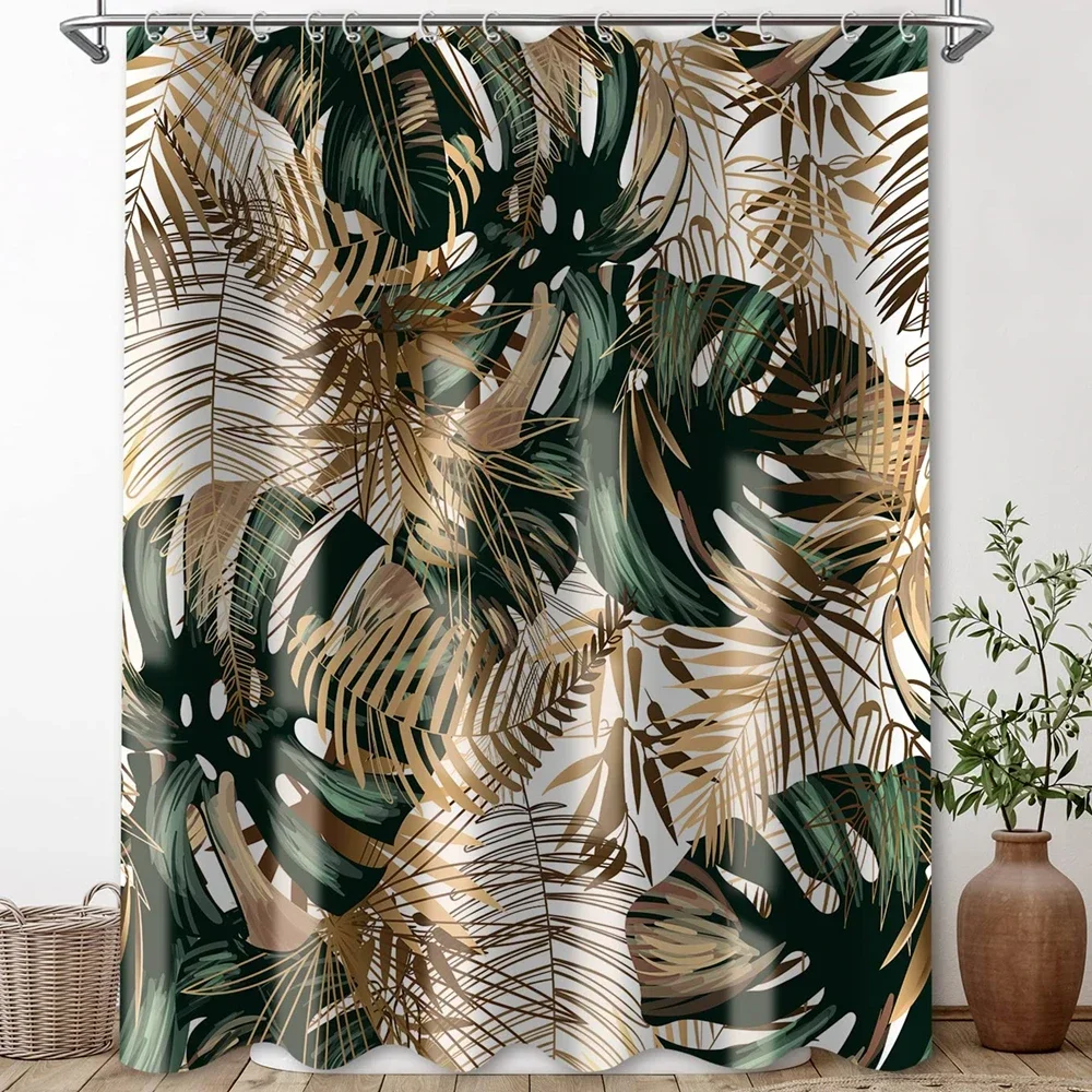 Green Hawaii Tropical Shower Curtain Green Gold Tropical Leaves Plant Fabric Bathroom Curtain Botanical Jungle Bath Curtain Set