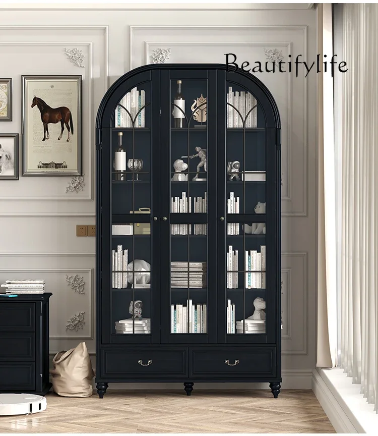 

American-Style Arched Bookcase with Glass Door Solid Wood Vintage Bookshelf Wall-Mounted Living Room Bookcase