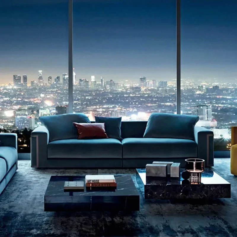 Light luxury living room villa large flat matte leather sofa