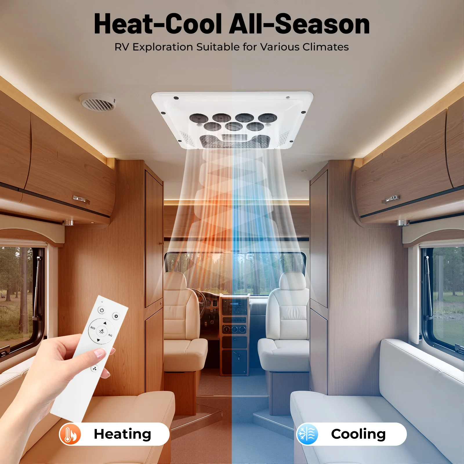 12V 750W RV Roof Air Conditioner 2000W Cooling 800W Heating for Truck Bus Caravan Camper Van 7 Vents Remote Control