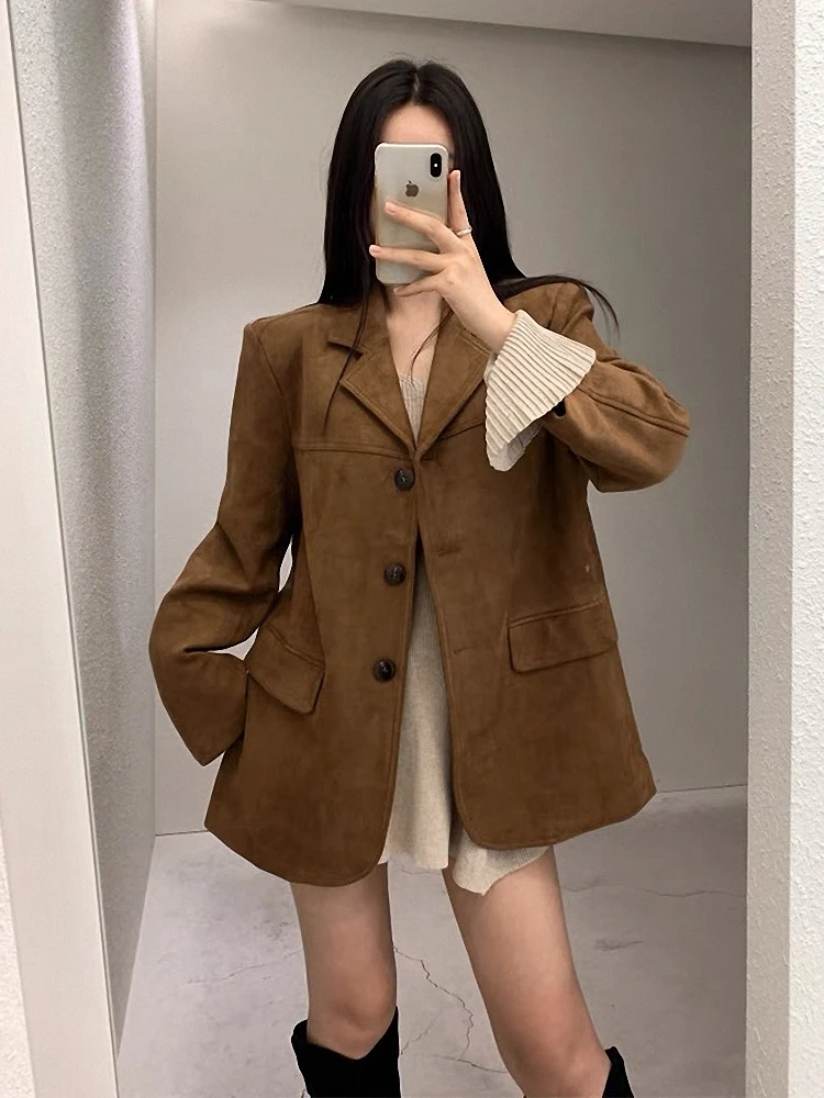 가을 겨울 여성용 루즈 캐주얼 빈티지 스웨이드 벨벳 시크 고급스러운 느낌 메랄 워드로브 코트 한국 스타일 긴 소매 버튼
