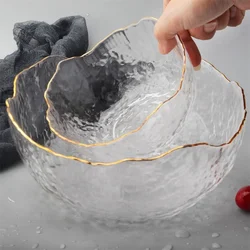 Transparent Salad Bowl with Gold Rim, Crystal Glass Bowl, Rice  Storage Container, Tableware Set, Snack and Dessert Bowls