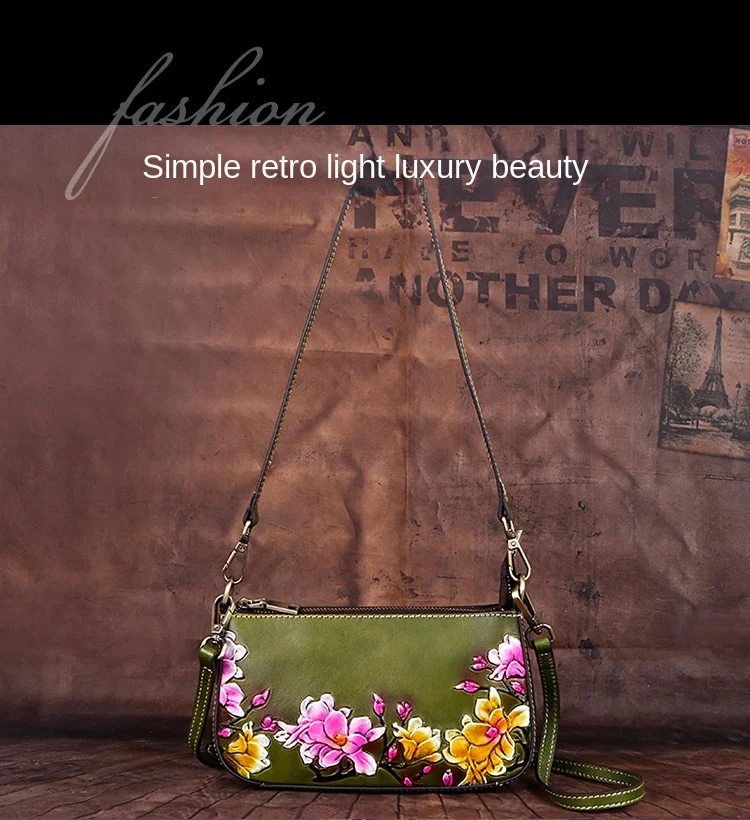 

2024 new women's single shoulder shoulder bag head layer cowhide retro light luxury fashion embossed manual wipe small bag E613