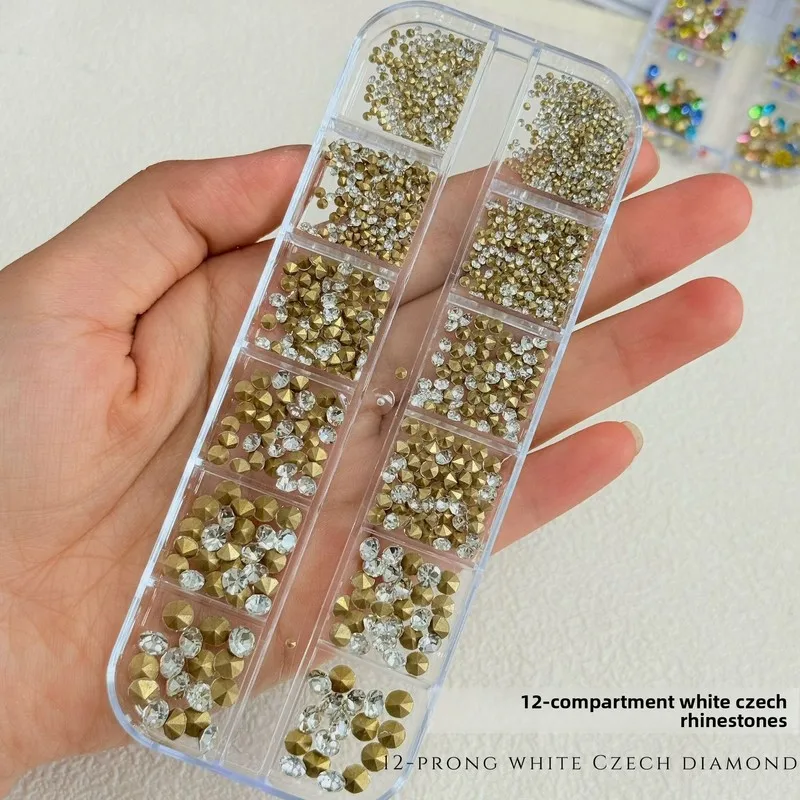12 Grids Pointed Bottom Round Nail Rhinestones Shiny White Crystal Nail Diamonds Czech Crystals Stacking Nail Art Decorations