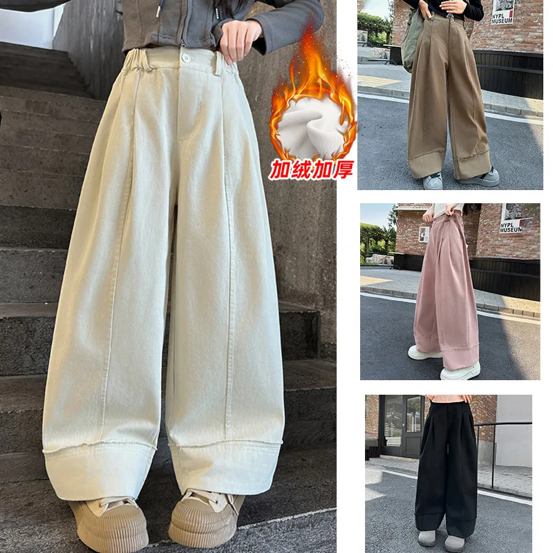 

Stylish Girls Fleece Lined Pants Autumn Winter Casual Thick Warm Straight Leg Wide Leg Long Trousers for Teen Children 4-14Years