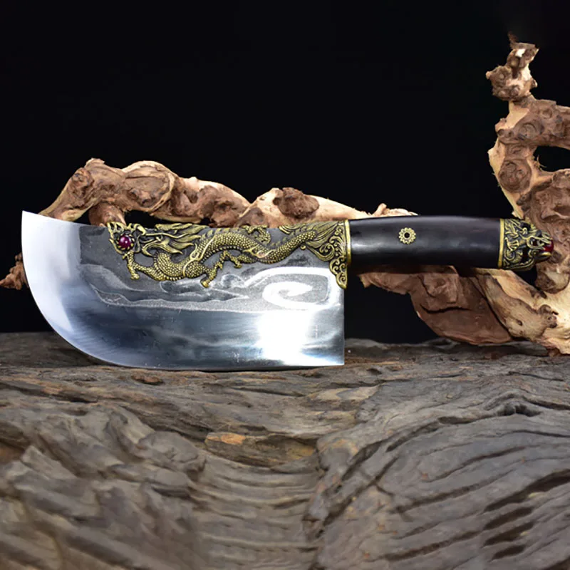 9 Inch Longquan Knife Sharp Machete Handmade Forged Copper Dragon Decor Luxury Kitchen Hatchet Knives Big Bone Poultry Tools