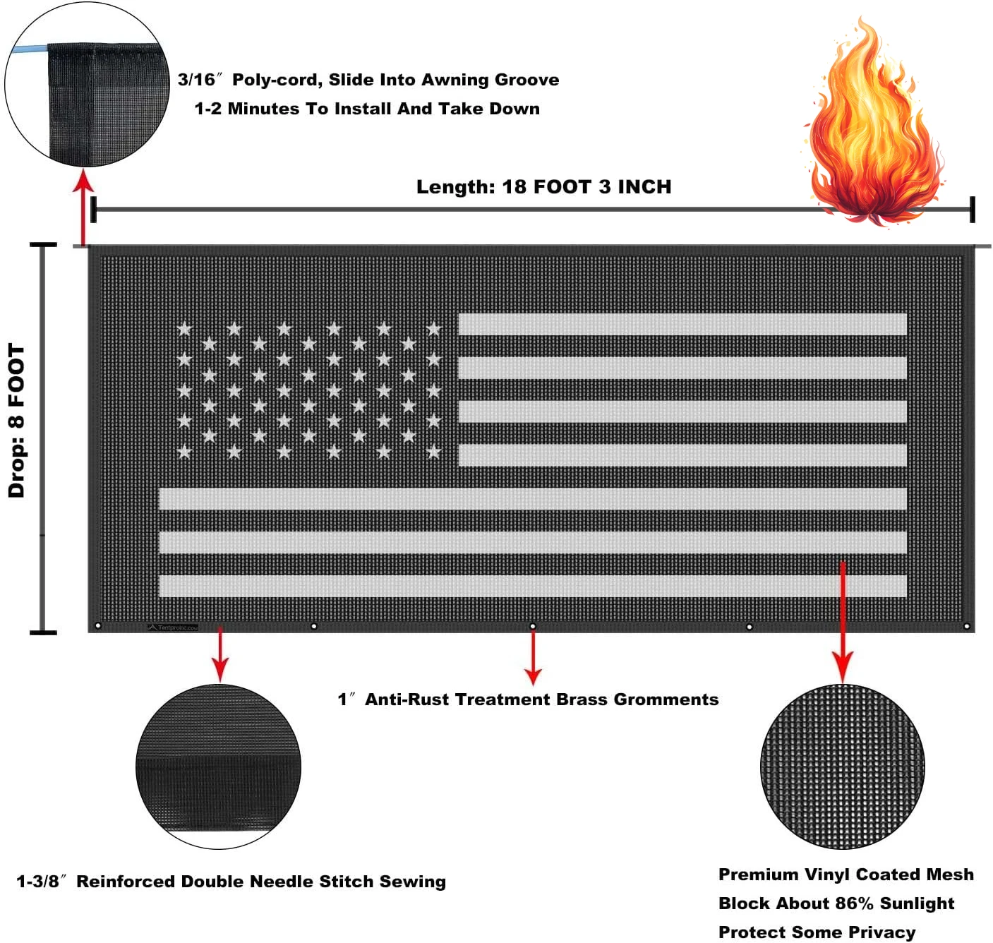 

RV Awning Sun Shade Screen 8' X 18' 3'' (American Flag) Black Mesh Sunshade Camper Trailer Awning Shade Screen UV Blocker