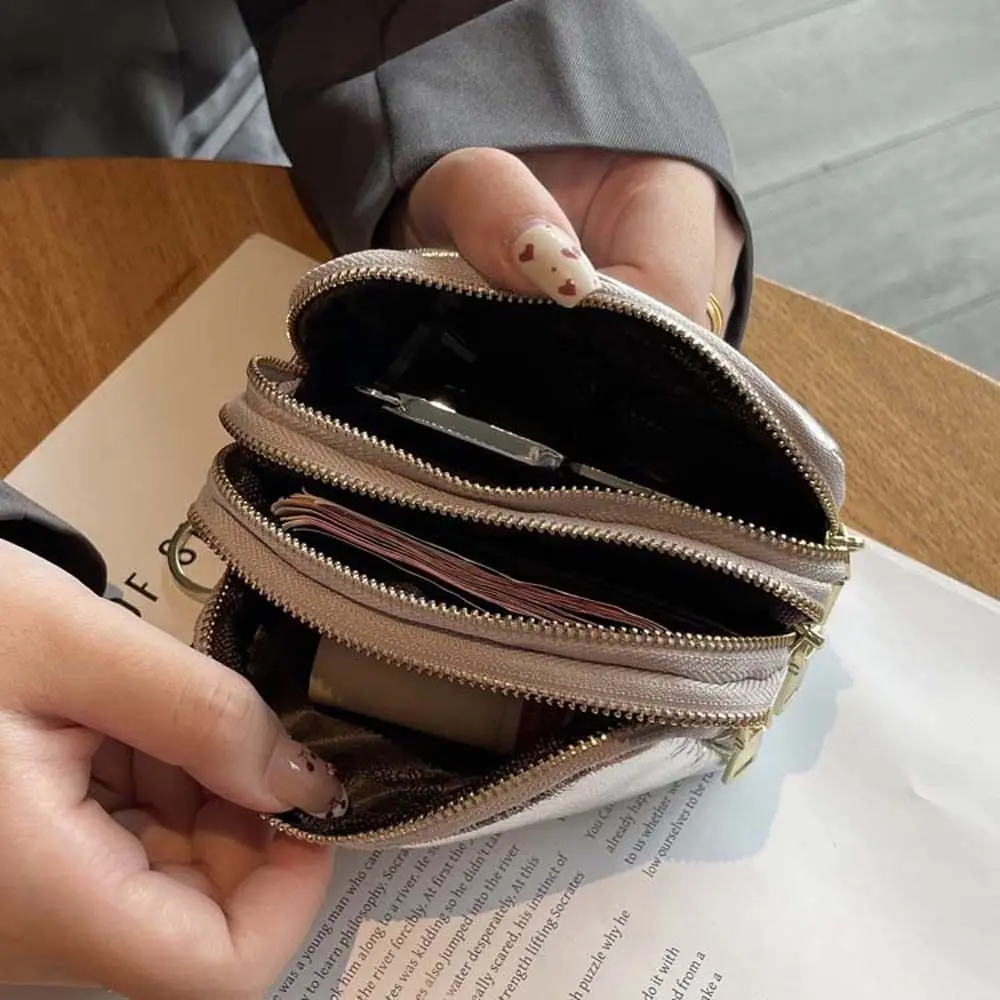 Retro Three Layers Silver Wallet Genuine Leather Korean Style Zipper Coin Purse Solid Color Earphone Pouch Small Item Bag Women