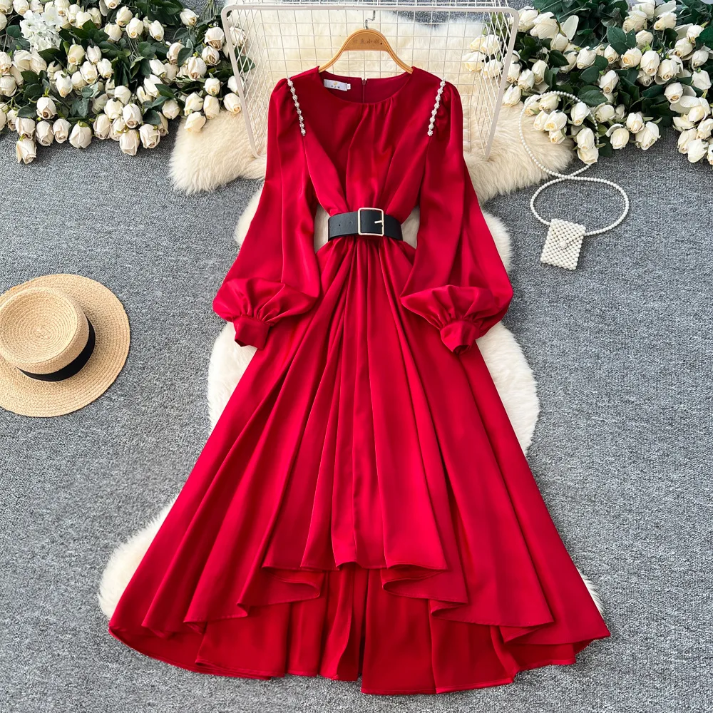 

Women Solid Irregular Dresses A Line Belted Dress Lace Splicd Long Lantern Sleeve Ankle Lenth Loose Casual Elegant 2025 Autumn