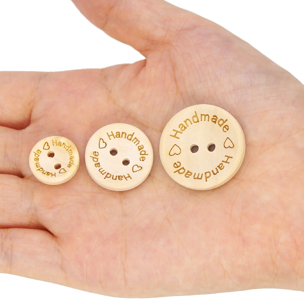 

100PCS Natural Wood Button 2 Hole Handmade With Love Clothing Sewing Crafting DIY Accessories Kids Toys for Pretending Family