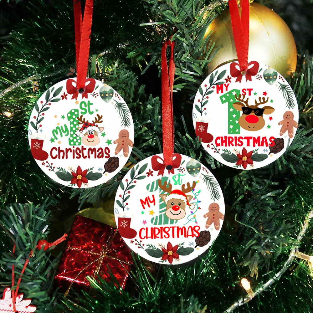 My First Christmas Family Christmas Round Ornaments Handmade Winter Reindeer Tree Room Door Hanger Pendant Decoration