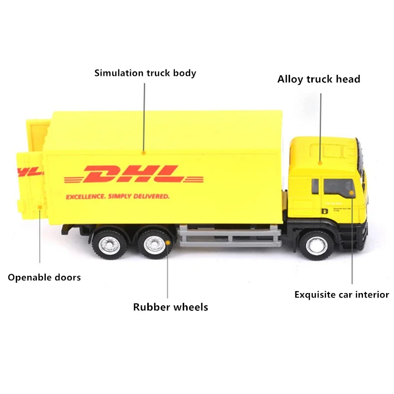 1/36 DHL Truck Model Simulation Toy Vehicle Alloy Pull Back Mini Car Replica Authorized Die Cast Toys Collection