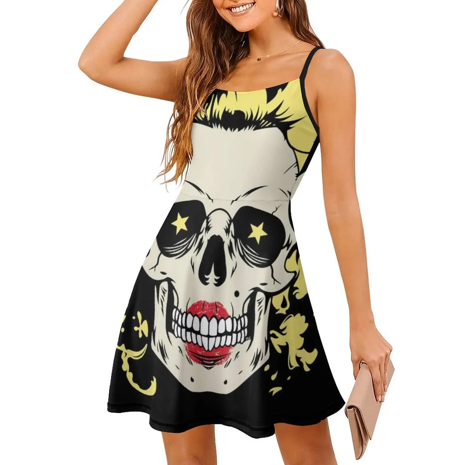 فستان مارلين جمجمة توضيحي مزين بالزهور للنساء للربيع والصيف فستان كاجوال للحفلات مارلين مونرو هيكل جمجمة #3