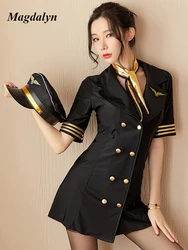 Magdalyn Women Sexy Dress Stewardess Policewoman Uniform Short Sleeve Erotic Cosplay Costume Nightwear Four Pieces Pajamas Suits