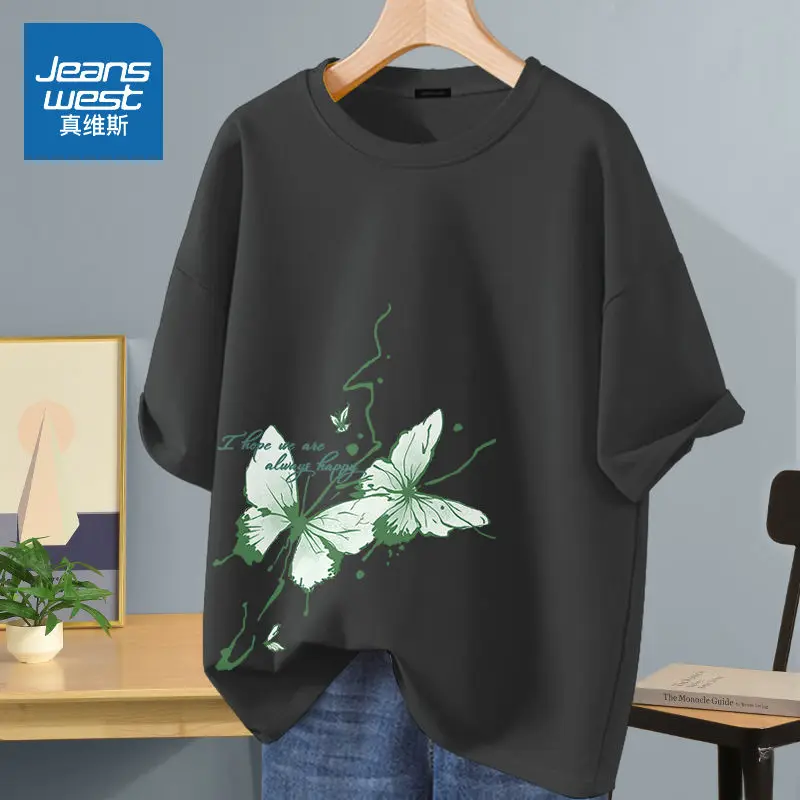 Women Loose Basics Top Tee Summer Casual Simple Pure Cotton Short Sleeve O-neck T-shirt Lady Butterflies Printed Pullover