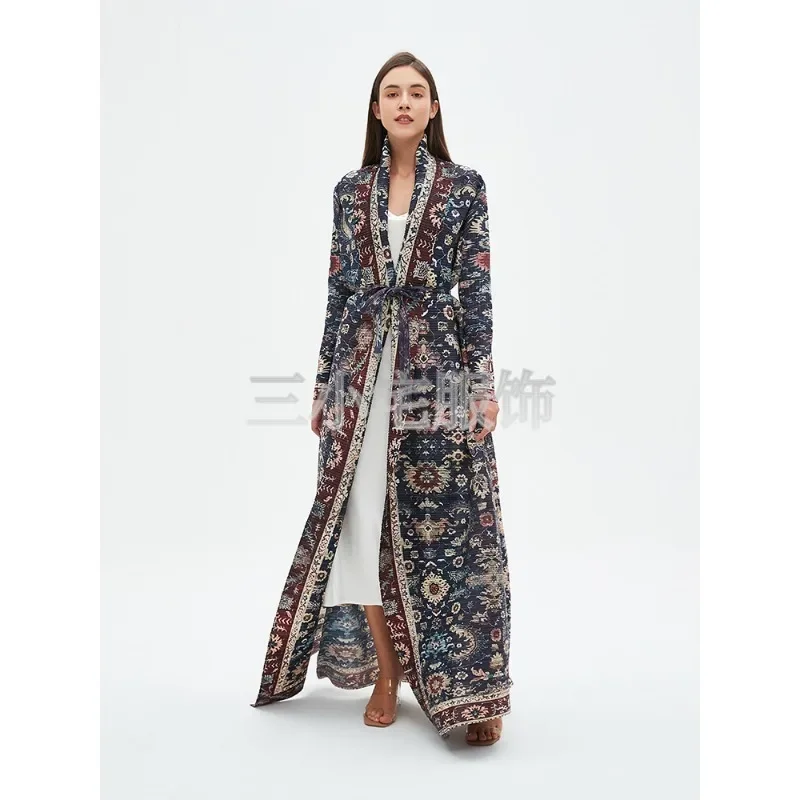 Blusão feminino manga comprida retrô solto impresso muçulmano Abaya Cardigan, casaco estendido na moda, Miyake Fold, 2024