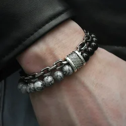 Nuevo 2020, pulsera con cuentas de piedra de ojo de tigre para hombre, cadena de eslabones de metal de acero inoxidable, pulsera de Yoga, joyería masculina, triangulación de envíos