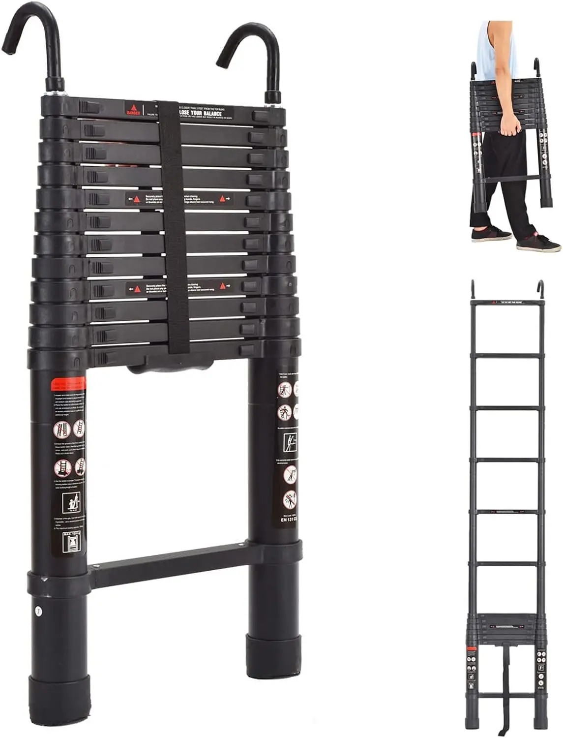 20,3ft/6,2M trapladder aluminium telescopische ladder + afneembare dakhaken, zwart, 330 lbs laadvermogen, 15 stappen in hoogte verstelbaar