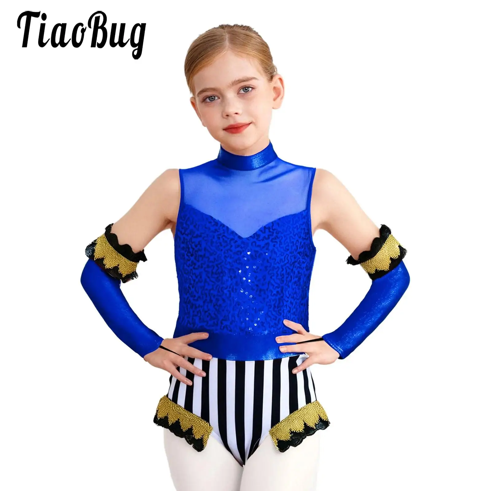 

Kids Girls Circus Ringmaster Stage Costumes Sleeveless Sequins Jumpsuit and Over-Sleeves Outfit Jazz Figure Skating Dancewear