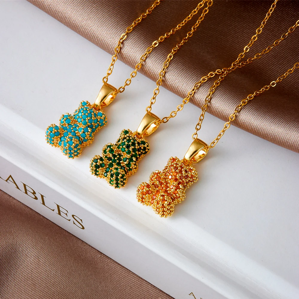 Micro Pave Rhinestones Gummy Bear Pendant With Bail Brass Gold Plated Animal Bear Charm For Diy Bracelet Necklace Jewelry Making
