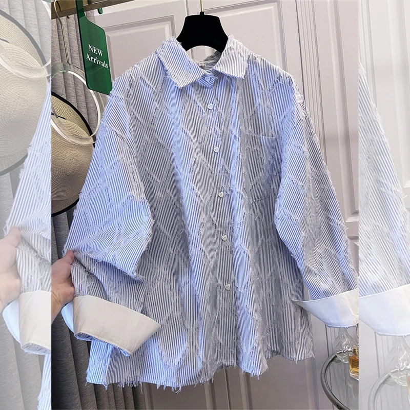 

Designer New 2025 Autumn Women's Shirts Loose French Style Blue Color Lady Blouse Plus Size Female Tops Print Striped Blause