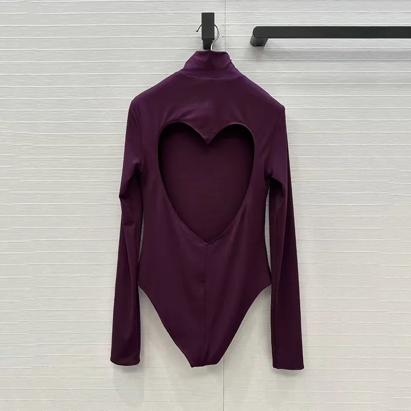 Women's Heart-Print Backless Jumpsuit High-Stretch Long-Sleeve Stand Collar Top Premium Quality T-Shirt Fall Collection New 2025