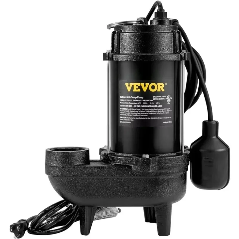 VEVOR 3/4 HP Submersible Sewage Pump, 5880 GPH Larger-Flow, Cast Iron Submersible Sump Pump, 10 FT Power Cord