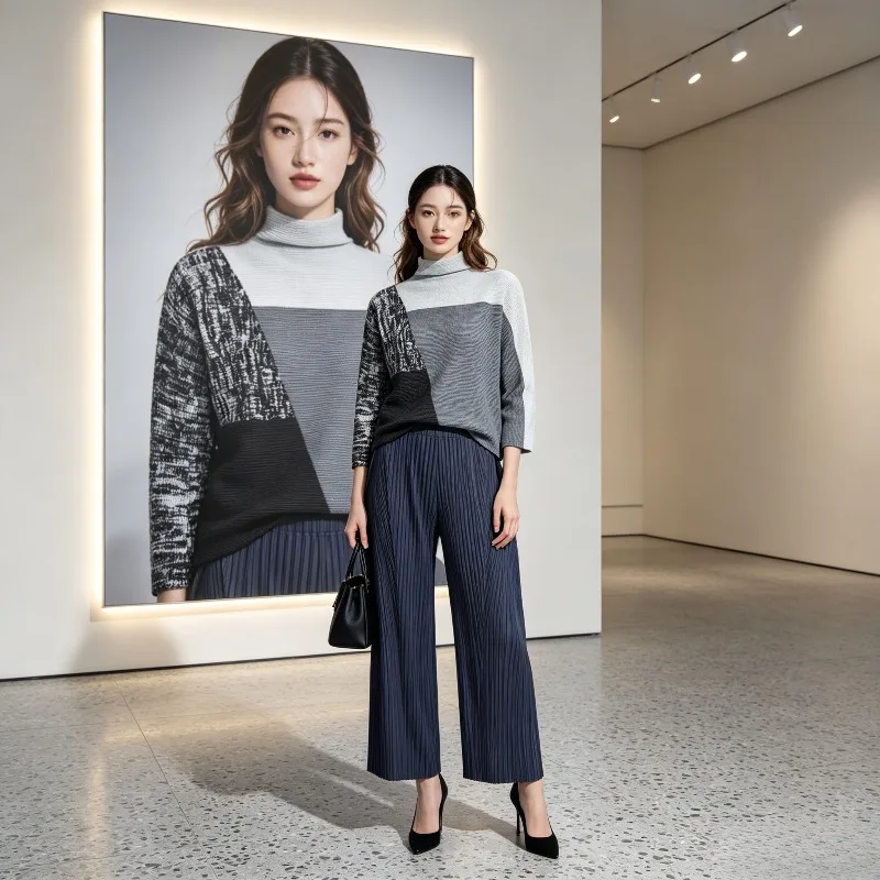 Miyake Pleated Summer 2026 New Women's Clothing Light Luxury Three-Quarter Sleeve Color-Block Loose Versatile T-Shirt Top Pleat